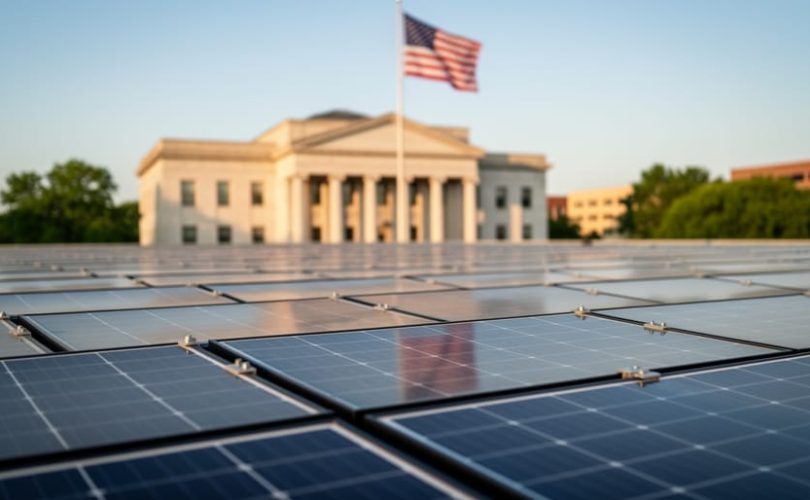 Solar panels on a municipal rooftop with a neoclassical city hall and American flag blurred in the background at golden hour.