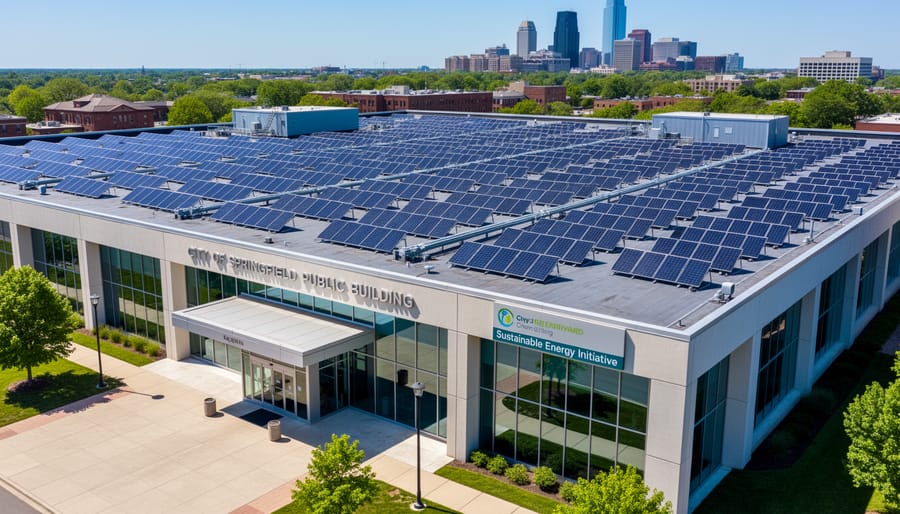 Aerial view of solar panel array installed on government building rooftop