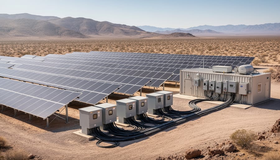 Aerial view of off-grid industrial facility with extensive solar panel installation in remote location