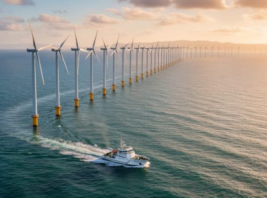 Aerial wide view of offshore wind turbines aligned across open ocean at golden hour, a small maintenance vessel in the foreground, and a faint coastline on the horizon.