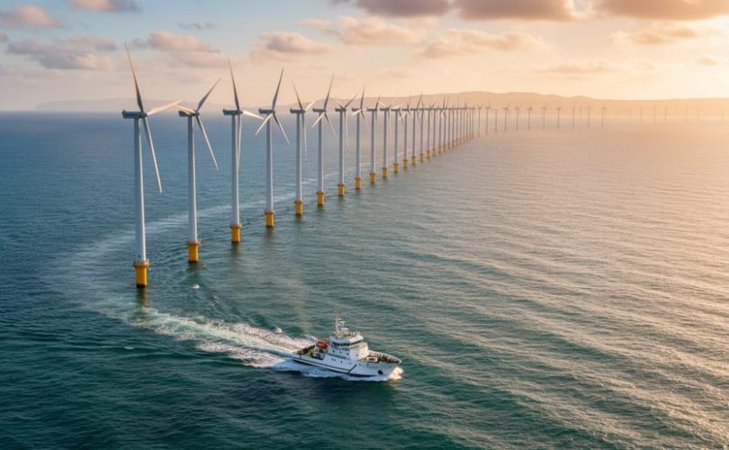 Aerial wide view of offshore wind turbines aligned across open ocean at golden hour, a small maintenance vessel in the foreground, and a faint coastline on the horizon.