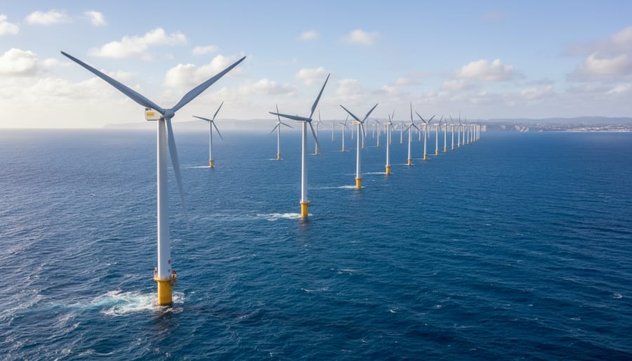 Large offshore wind turbines rising from ocean waters during golden hour