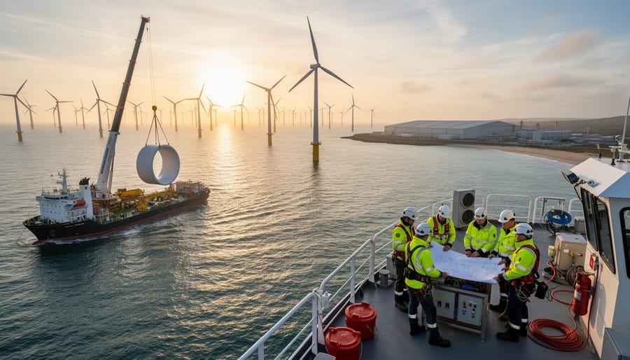 Maritime workers on offshore wind platform performing maintenance operations