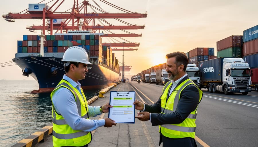 Dock workers unloading palletized solar panels from cargo ship at commercial port