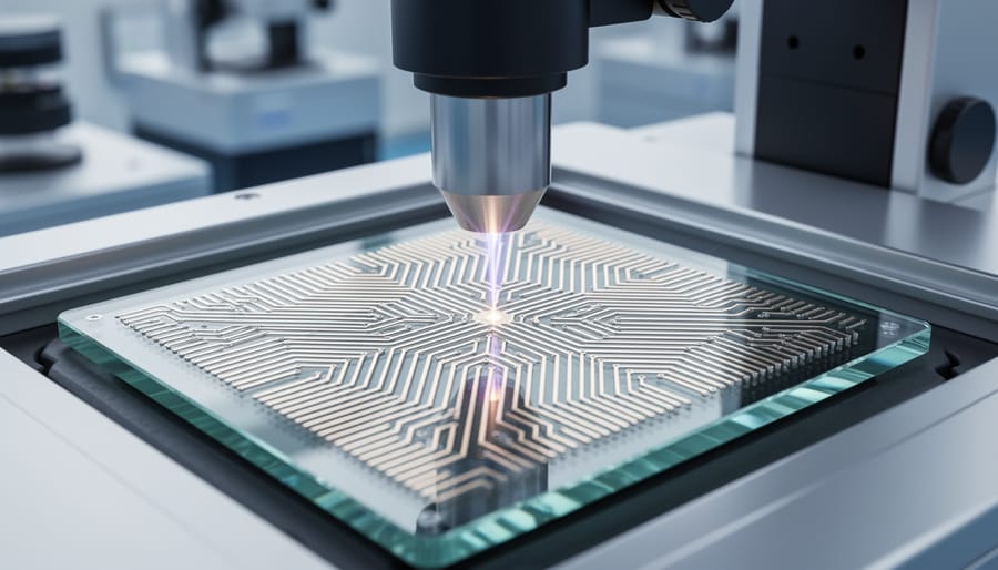 Researcher handling precision-manufactured solar cell electrode in laboratory setting