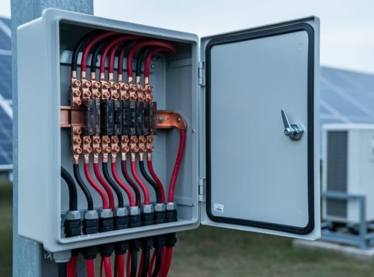 Open photovoltaic DC combiner box with multiple red and black string conductors terminated on copper lugs, ground-mount solar panels softly blurred in the background under even overcast light.