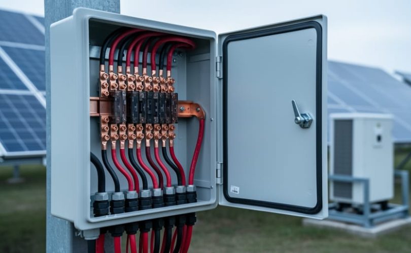 Open photovoltaic DC combiner box with multiple red and black string conductors terminated on copper lugs, ground-mount solar panels softly blurred in the background under even overcast light.