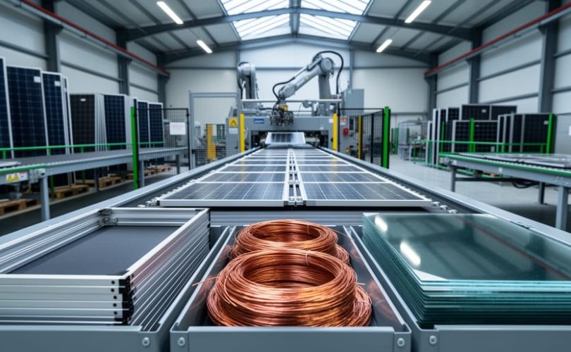 Wide view inside a solar panel recycling facility with a conveyor moving decommissioned PV modules toward disassembly, and trays of recovered aluminum frames, copper wiring coils, and clean silicon-glass sheets in the foreground; stacks of panels and machinery softly blurred in the background.
