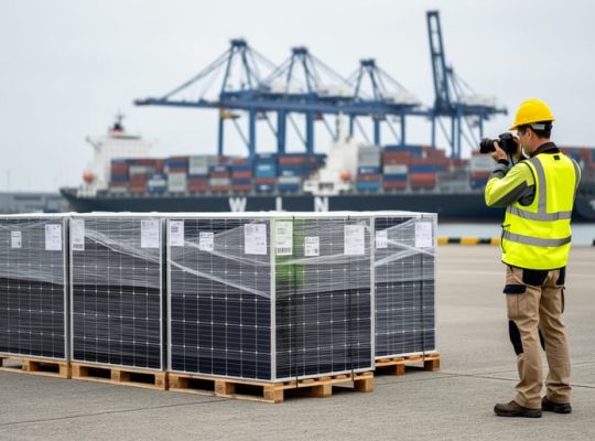 Marine surveyor in a high-visibility vest photographing shrink-wrapped solar panel pallets on a dock, with a container ship and port cranes softly blurred in the background under overcast light