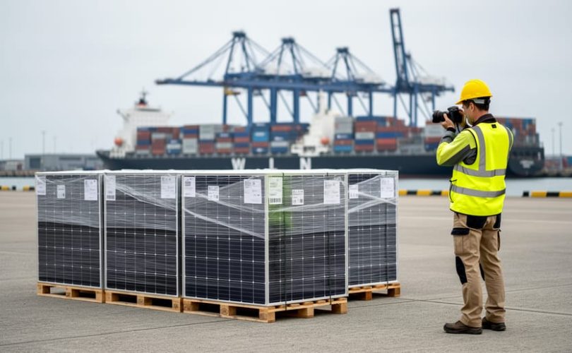 Marine surveyor in a high-visibility vest photographing shrink-wrapped solar panel pallets on a dock, with a container ship and port cranes softly blurred in the background under overcast light