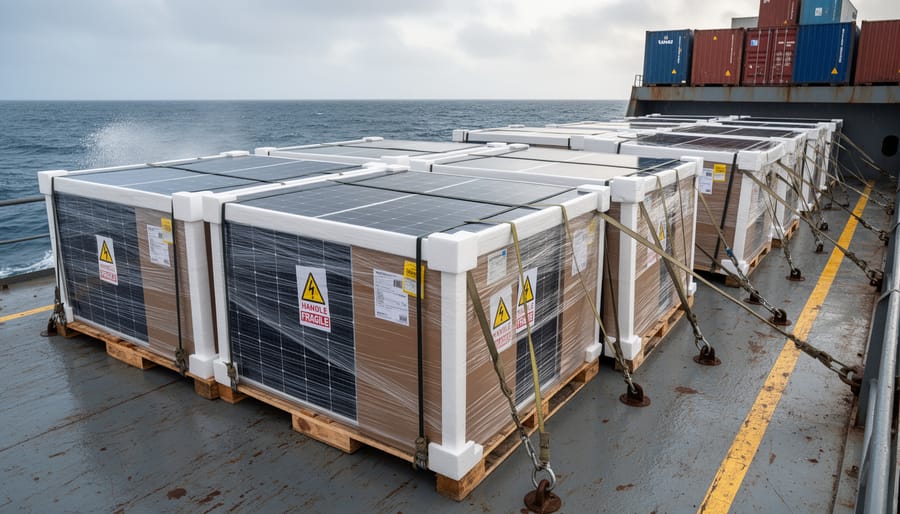 Shipping containers with solar panels in protective packaging on cargo vessel deck