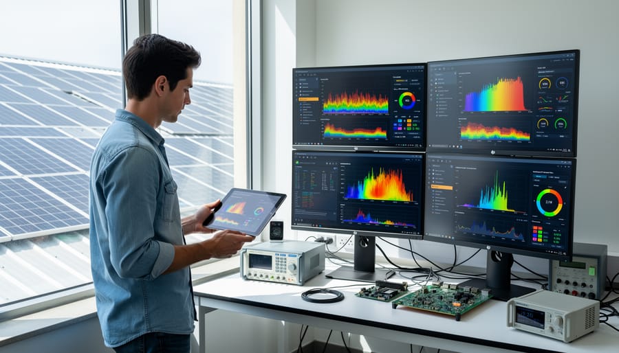 Solar energy professional analyzing system performance data at photovoltaic installation