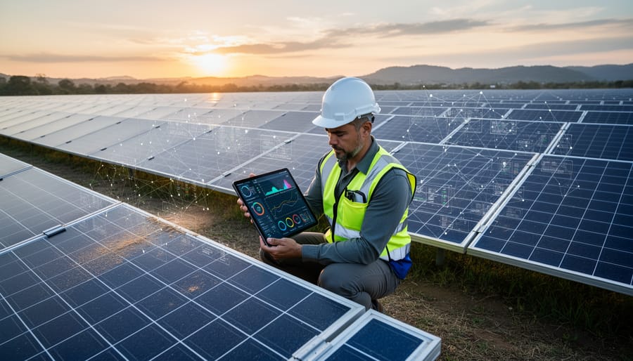 Commercial solar panel installation showing environmental wear and performance factors