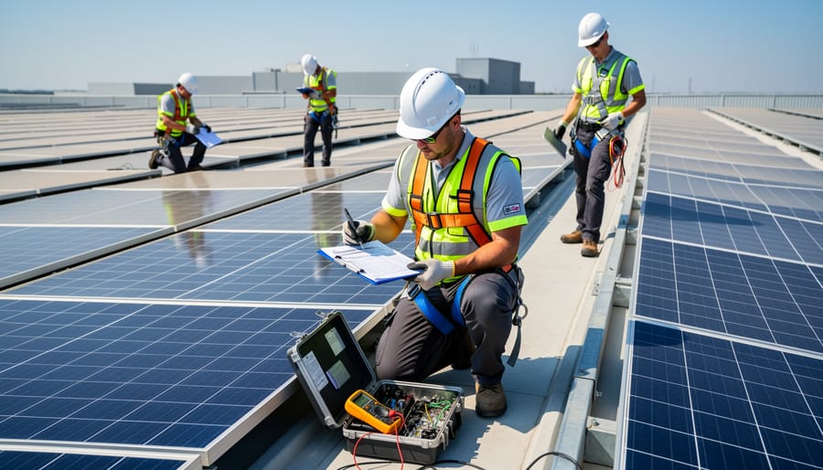 Solar maintenance technician inspecting commercial photovoltaic panel array on rooftop