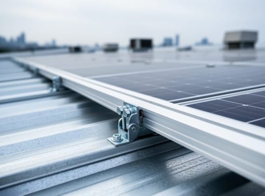 Solar rail clamp secured into the valley of a trapezoidal corrugated steel Q-deck roof, with photovoltaic panels extending across an industrial rooftop under bright overcast light.