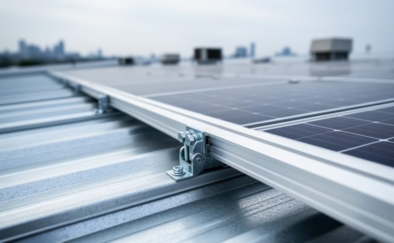 Solar rail clamp secured into the valley of a trapezoidal corrugated steel Q-deck roof, with photovoltaic panels extending across an industrial rooftop under bright overcast light.