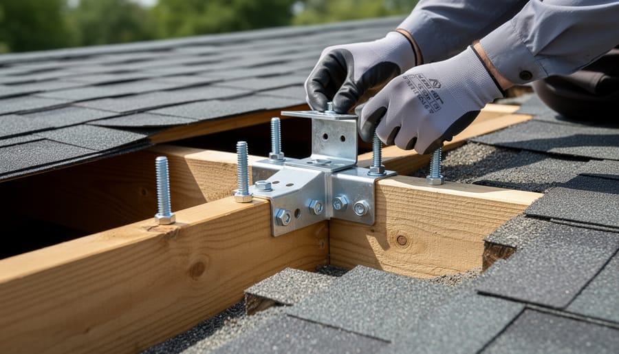 Close-up of solar mounting brackets attached to roof rafters showing hardware details