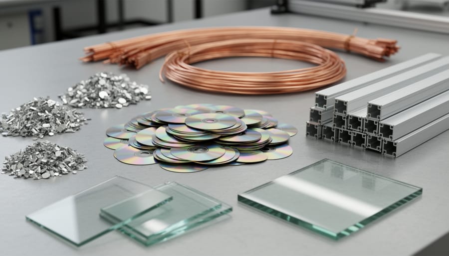 Separated solar panel components showing recoverable materials including glass, silicon, aluminum frame, and copper wiring