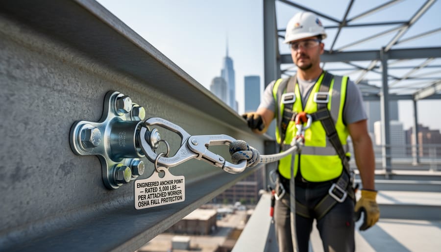 Close-up of roof anchor point with self-retracting lifeline for fall protection