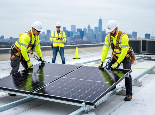 Two rooftop solar installers in high-visibility gear place a PV panel near a roof-edge guardrail, harnesses clipped to lifelines, with a safety monitor inside a flagged warning line on a low-slope commercial roof under overcast daylight; city skyline and HVAC units in the background.