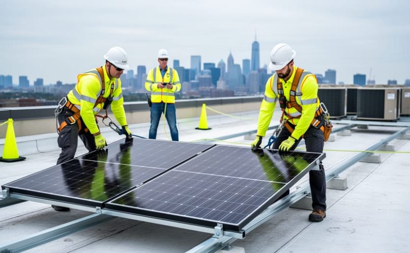 Two rooftop solar installers in high-visibility gear place a PV panel near a roof-edge guardrail, harnesses clipped to lifelines, with a safety monitor inside a flagged warning line on a low-slope commercial roof under overcast daylight; city skyline and HVAC units in the background.