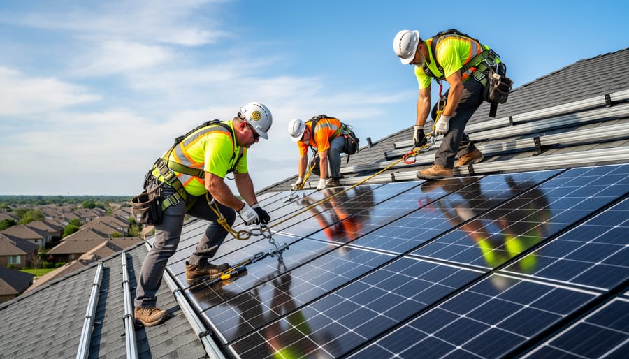 Solar installer wearing safety harness while installing photovoltaic panels on residential rooftop