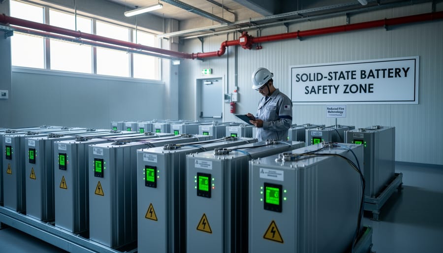 Technician installing solid-state battery module in residential storage system