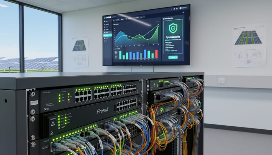 Server rack with network security equipment and illuminated ethernet cables