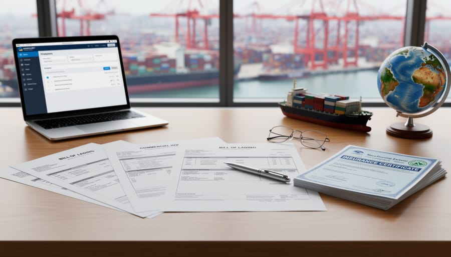 Business professional reviewing shipping and insurance documents for cargo shipment