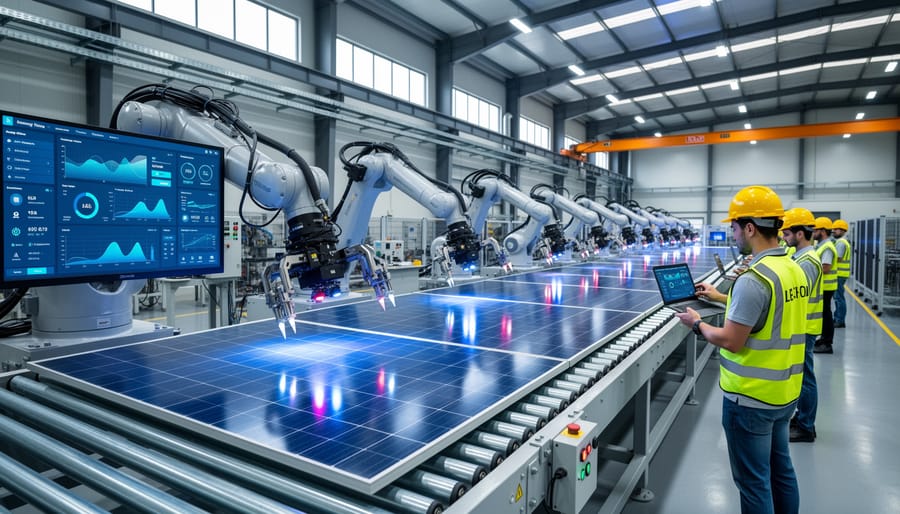 Robotic arm assembling photovoltaic cells in automated solar manufacturing facility