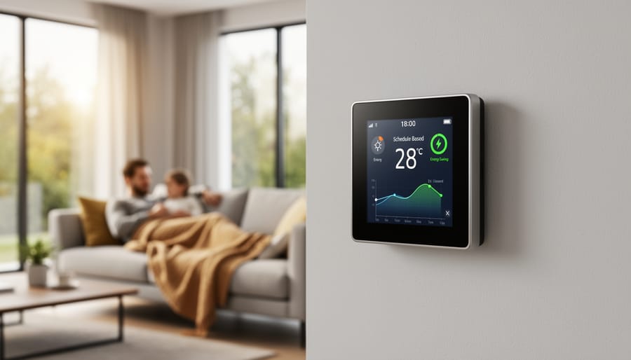 Modern smart thermostat mounted on wall displaying temperature controls