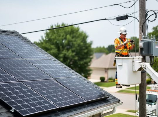 Residential rooftop with blue solar panels in the foreground and a utility lineworker in an elevated bucket near power lines and a pole transformer, overcast daylight with an unbranded utility truck softly blurred in the suburban background.