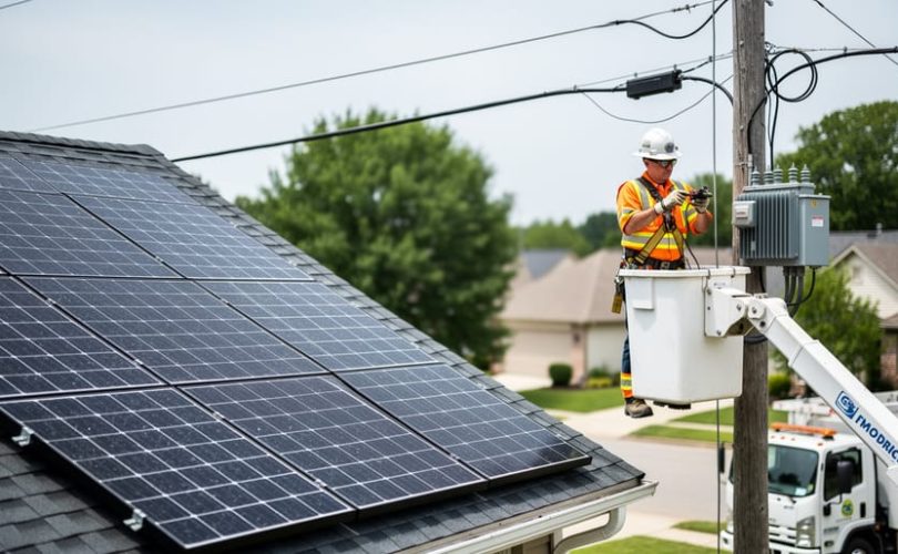 Residential rooftop with blue solar panels in the foreground and a utility lineworker in an elevated bucket near power lines and a pole transformer, overcast daylight with an unbranded utility truck softly blurred in the suburban background.