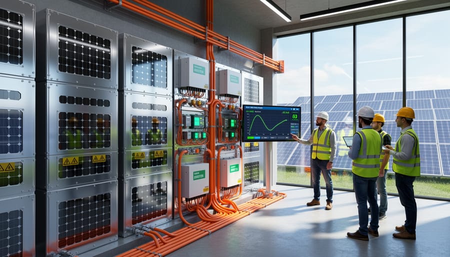 Close-up of lithium-ion battery cells and electronic components used in solar energy storage