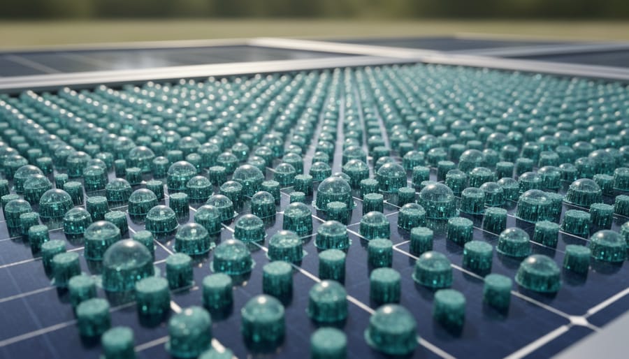 Close-up of solar cell surface showing micro-textured light-trapping structures