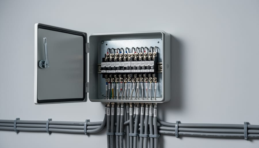 Interior view of solar combiner box showing conductor connections and bus bars