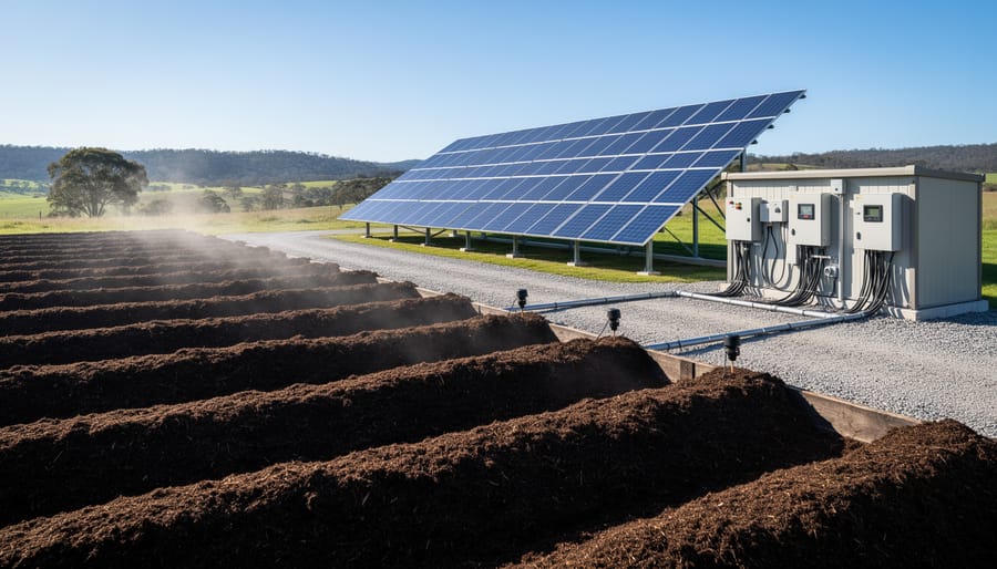Technician inspecting solar panels at composting and organic waste management facility