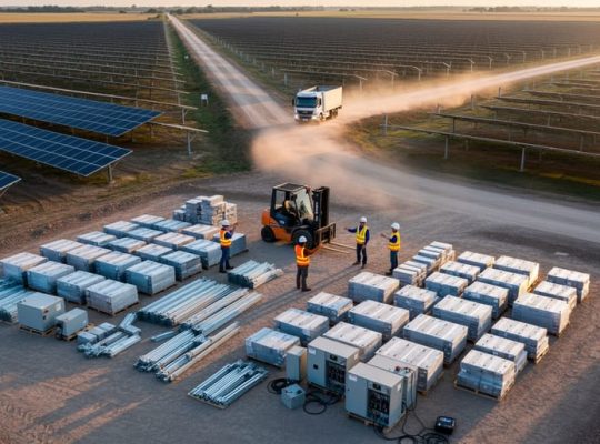 Oblique aerial view of a solar farm construction site with a central staging area of neatly stacked pallets of photovoltaic panels, racking kits, and inverters; a forklift and workers in safety vests coordinate deliveries while completed panel rows and an approaching truck appear in the background under warm morning light.