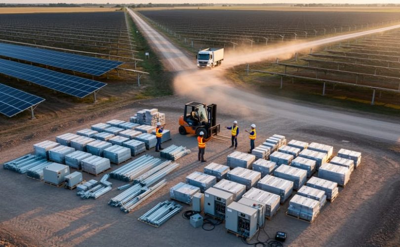 Oblique aerial view of a solar farm construction site with a central staging area of neatly stacked pallets of photovoltaic panels, racking kits, and inverters; a forklift and workers in safety vests coordinate deliveries while completed panel rows and an approaching truck appear in the background under warm morning light.