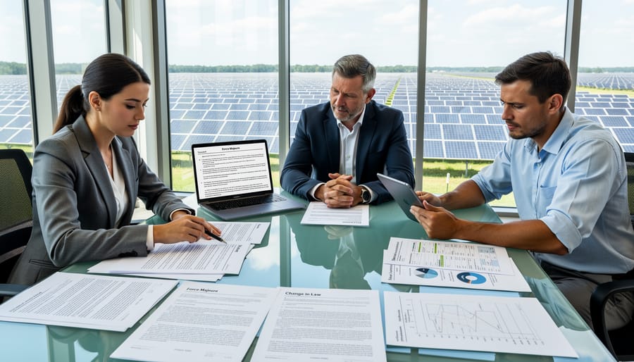 Business professionals reviewing and signing solar energy contract documents