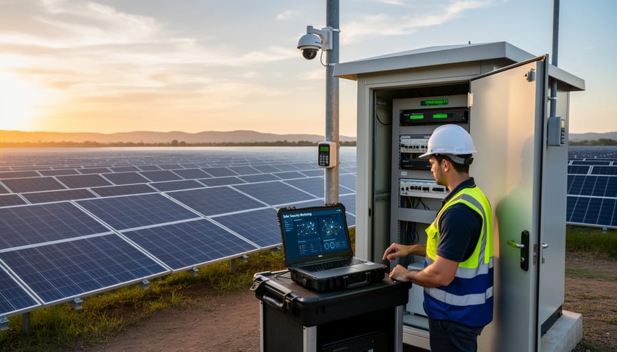 Cybersecurity technician installing network security equipment at solar farm electrical cabinet