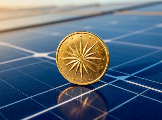 Gold coin with a sunburst design resting on blue solar panel cells at golden hour, in sharp focus with blurred rows of panels in the background.