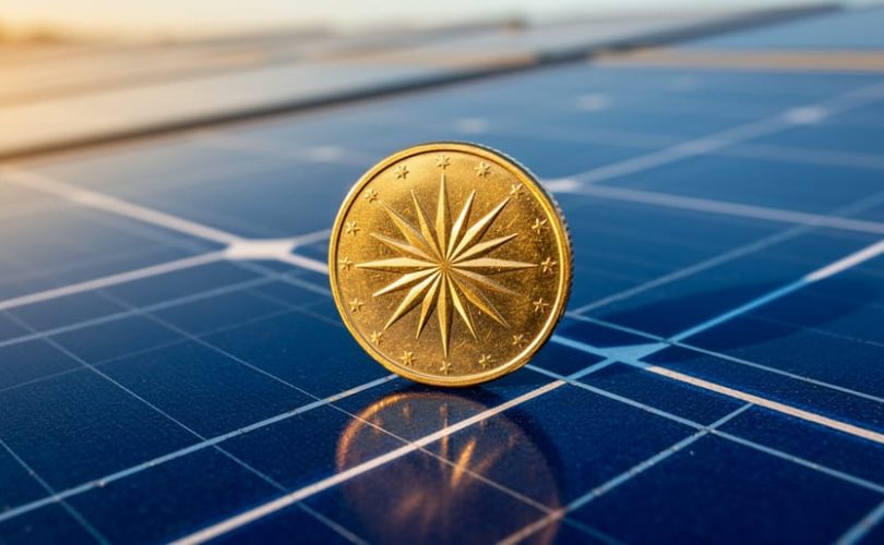 Gold coin with a sunburst design resting on blue solar panel cells at golden hour, in sharp focus with blurred rows of panels in the background.