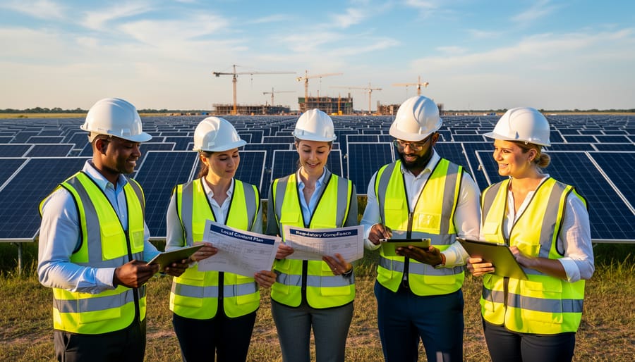 Large-scale solar farm installation with multiple rows of photovoltaic panels