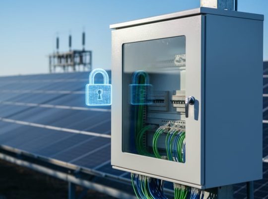 SCADA control cabinet with network cables at the edge of a large solar photovoltaic farm, shown with a translucent padlock symbol for cybersecurity; rows of solar panels and a small inverter substation softly blurred in the background under side lighting.