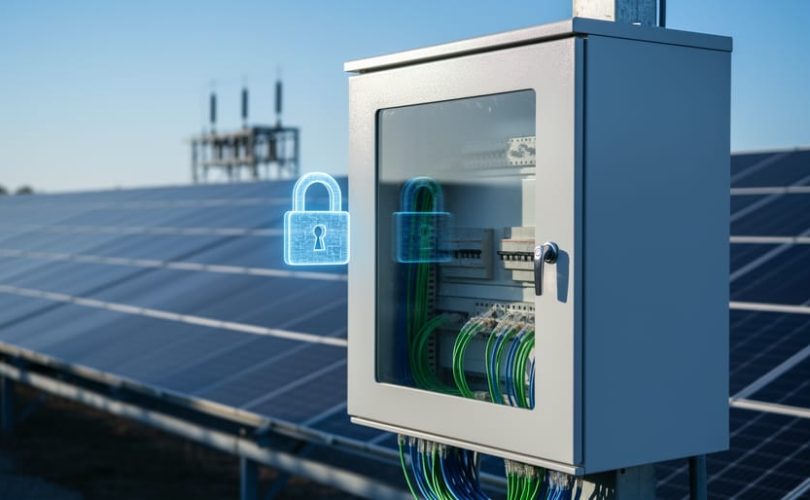 SCADA control cabinet with network cables at the edge of a large solar photovoltaic farm, shown with a translucent padlock symbol for cybersecurity; rows of solar panels and a small inverter substation softly blurred in the background under side lighting.