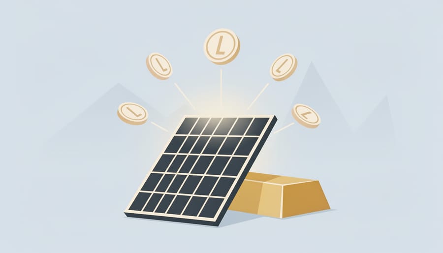 Solar panel installation with gold bars representing asset-backed financial instruments