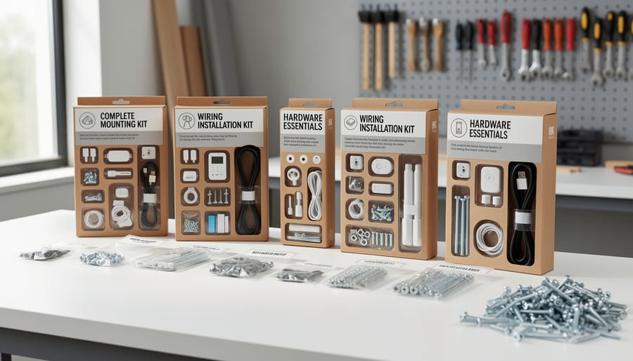 Close-up of pre-assembled solar mounting hardware kit with organized components