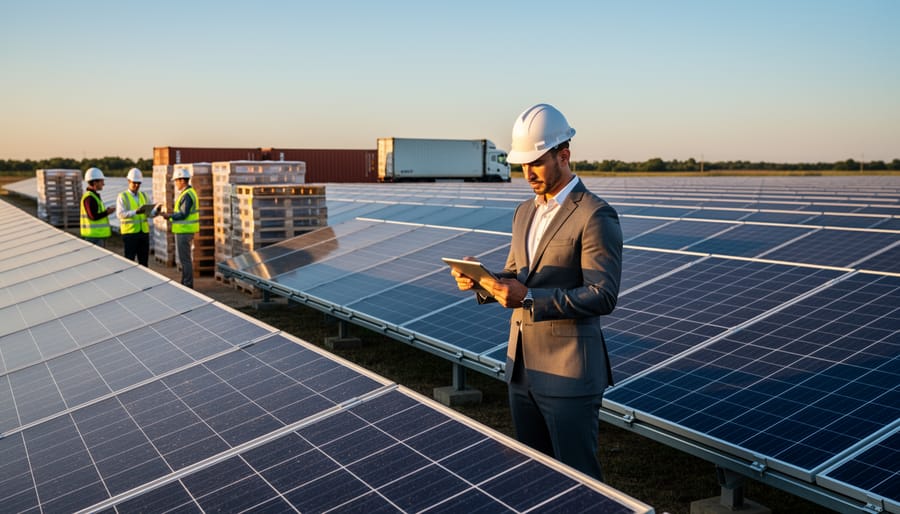 Commercial solar panel installation on rooftop with storm clouds in background