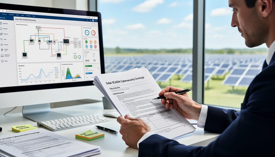 Business professional reviewing insurance policy documents with solar farm visible in background